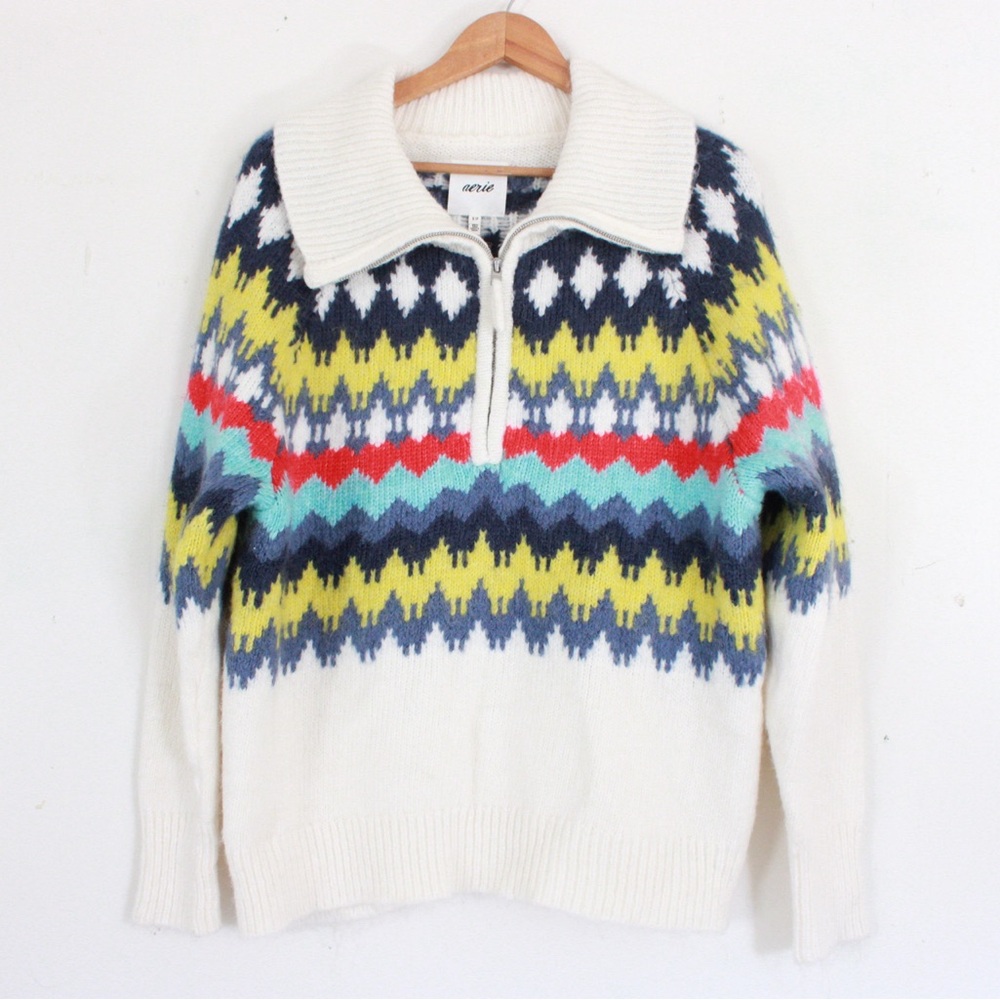 Aerie Fairisle Quarter Zip Sweater Small